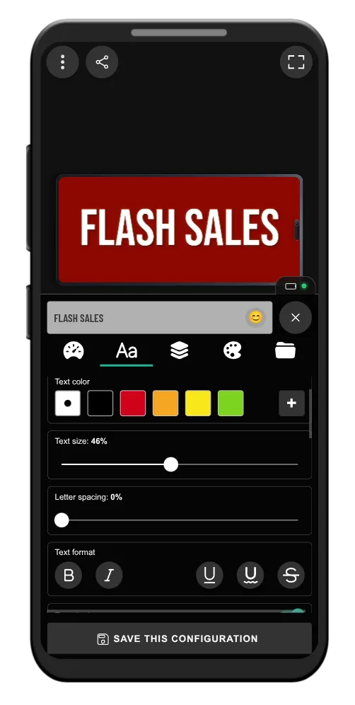 LED Scroll Display editor showing real text, color, size, and formatting controls on a phone
