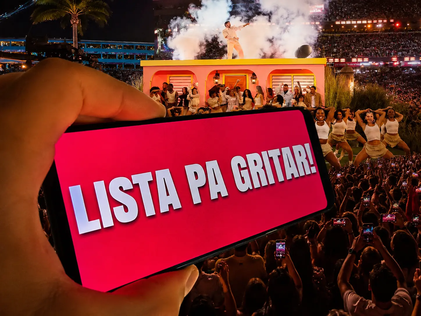 Phone showing a Spanish Bad Bunny concert sign with the message Estoy Listo Pa Gritar