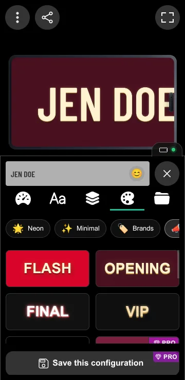 LED Scroll Display editor configured for a readable airport pickup sign on a phone