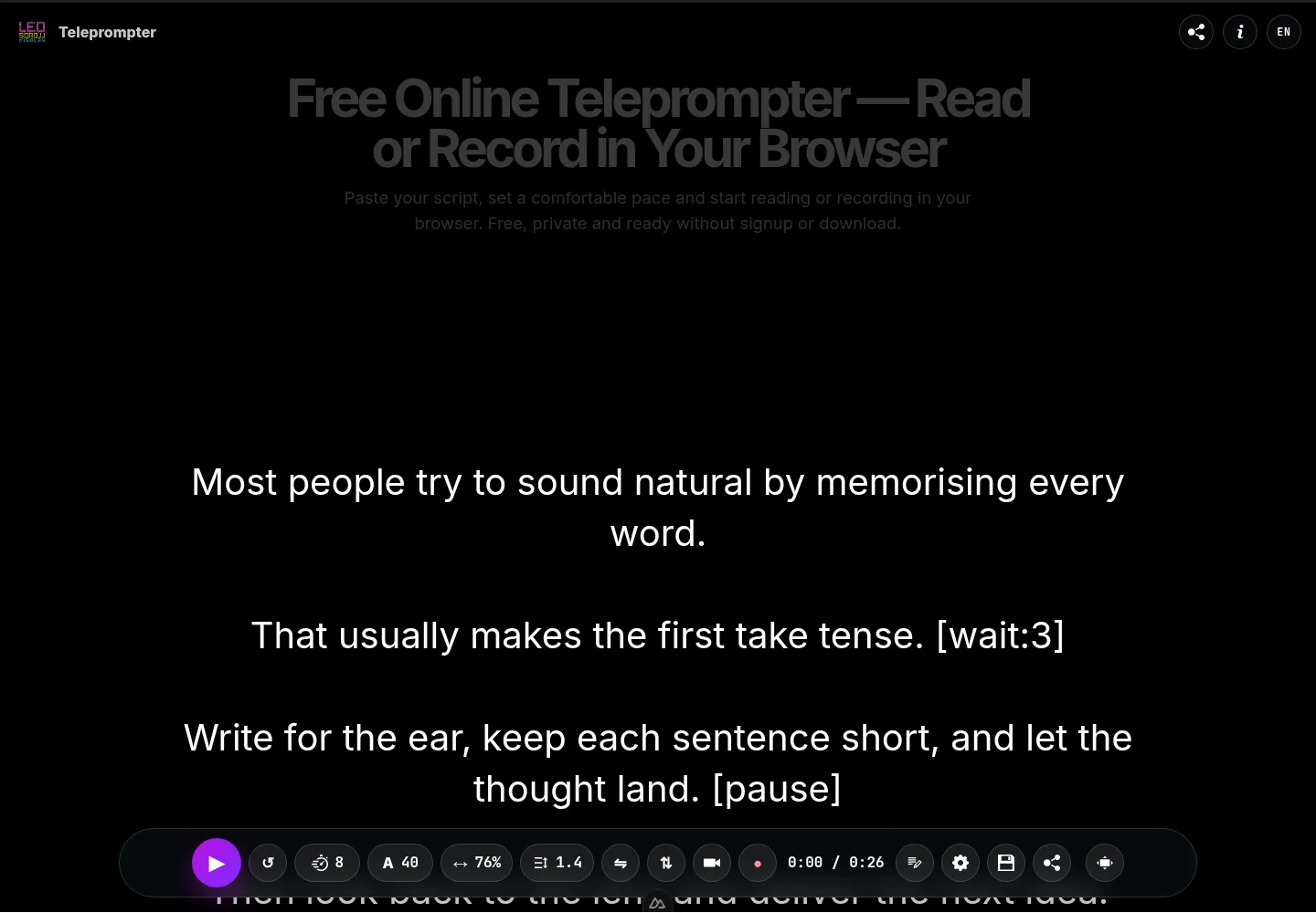Free online teleprompter displaying a natural practice script with timed and manual pause cues