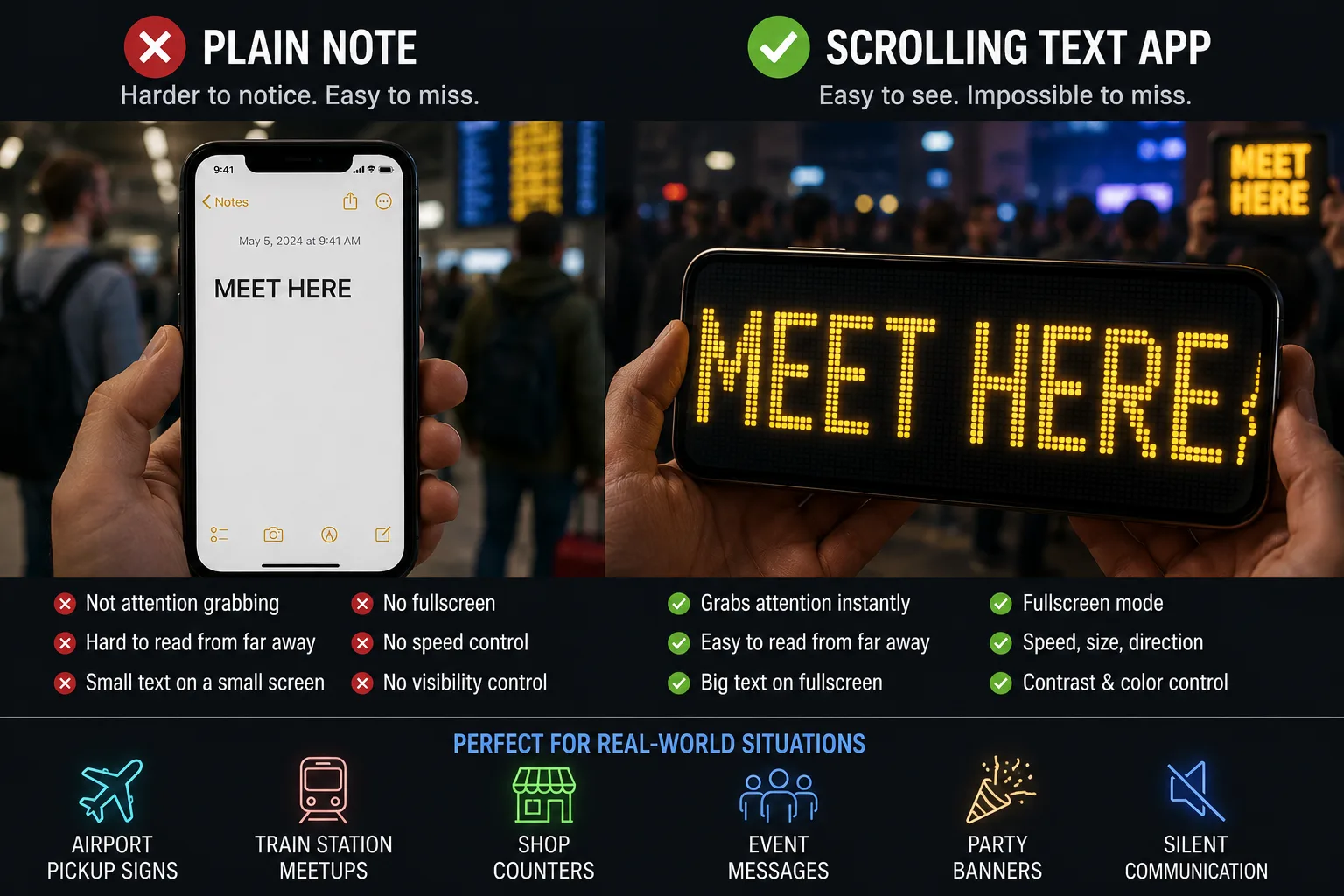 Side-by-side comparison of a simple Notes message and a fullscreen scrolling text message on a phone