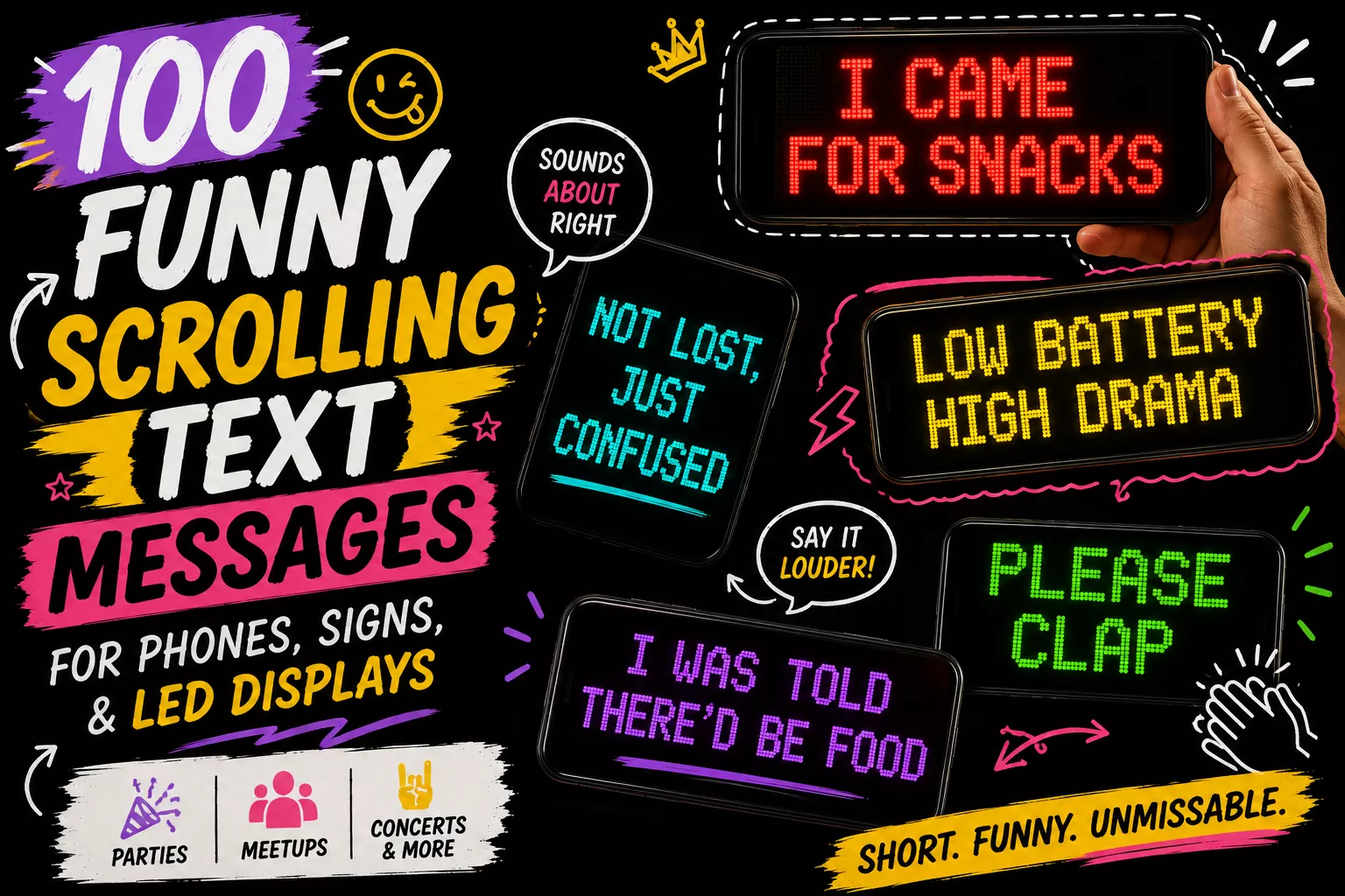 Phone showing a funny scrolling text message on a bright LED-style display