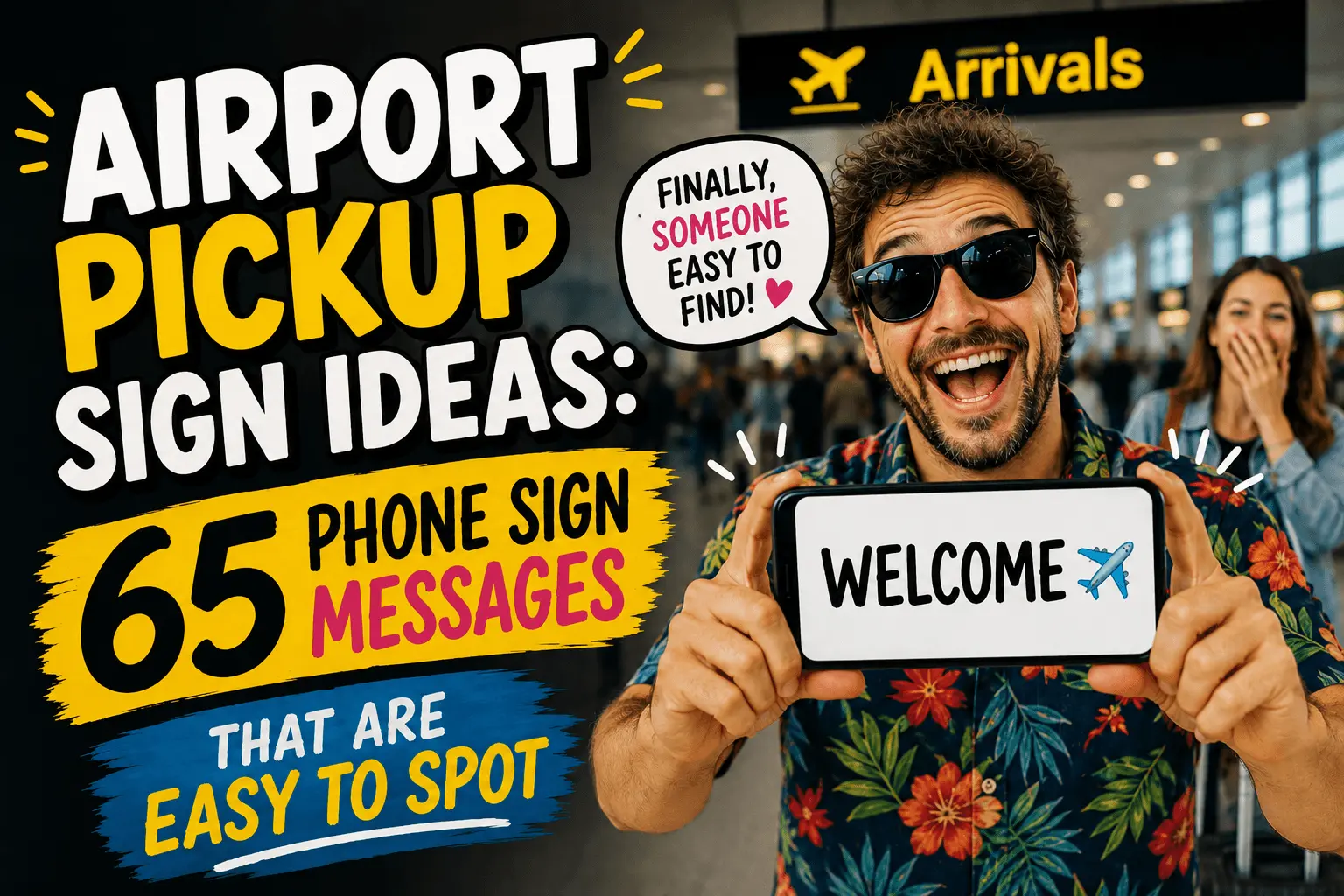Phone showing a bright airport pickup sign with scrolling text in an arrivals area