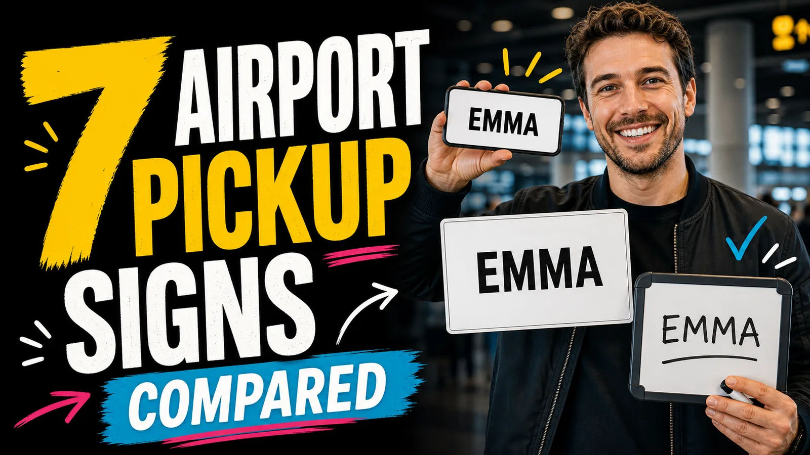 Traveler comparing a printed airport pickup sign, reusable whiteboard, and phone sign in an arrivals hall