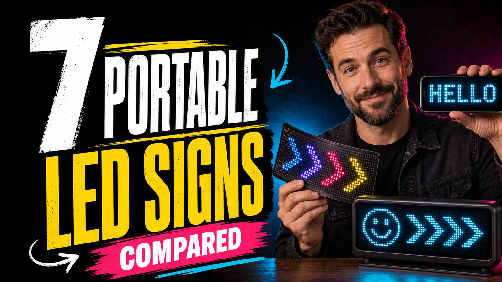 Portable tabletop and flexible LED message boards beside a phone displaying a bright message