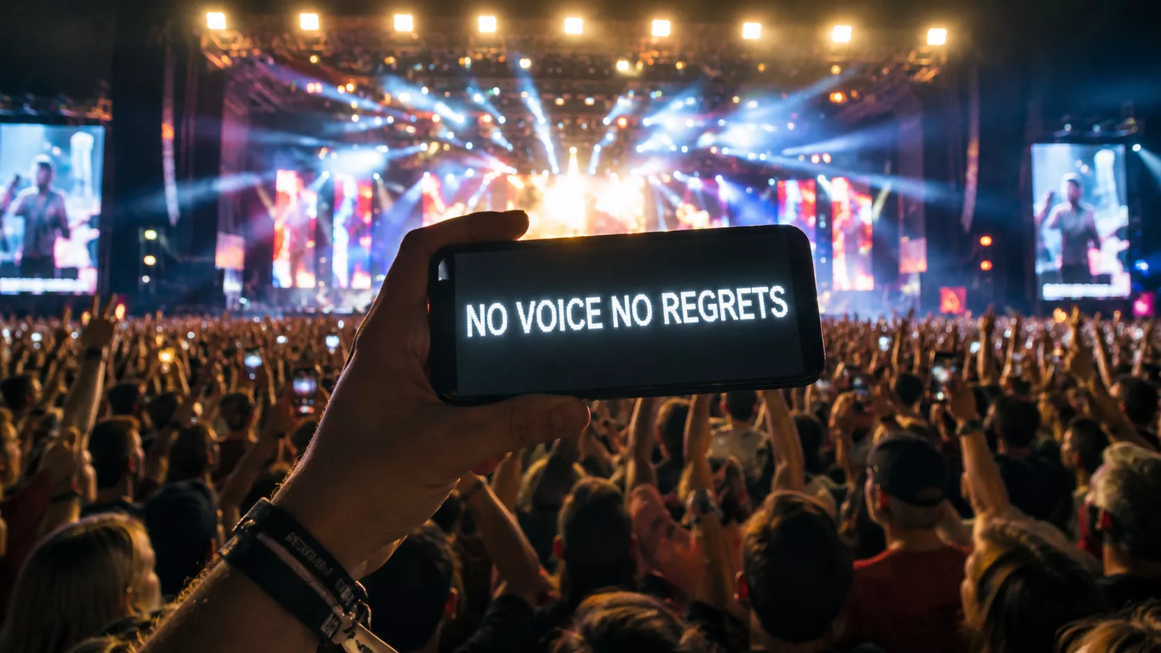 Phone showing a bright concert sign message on a scrolling LED-style display