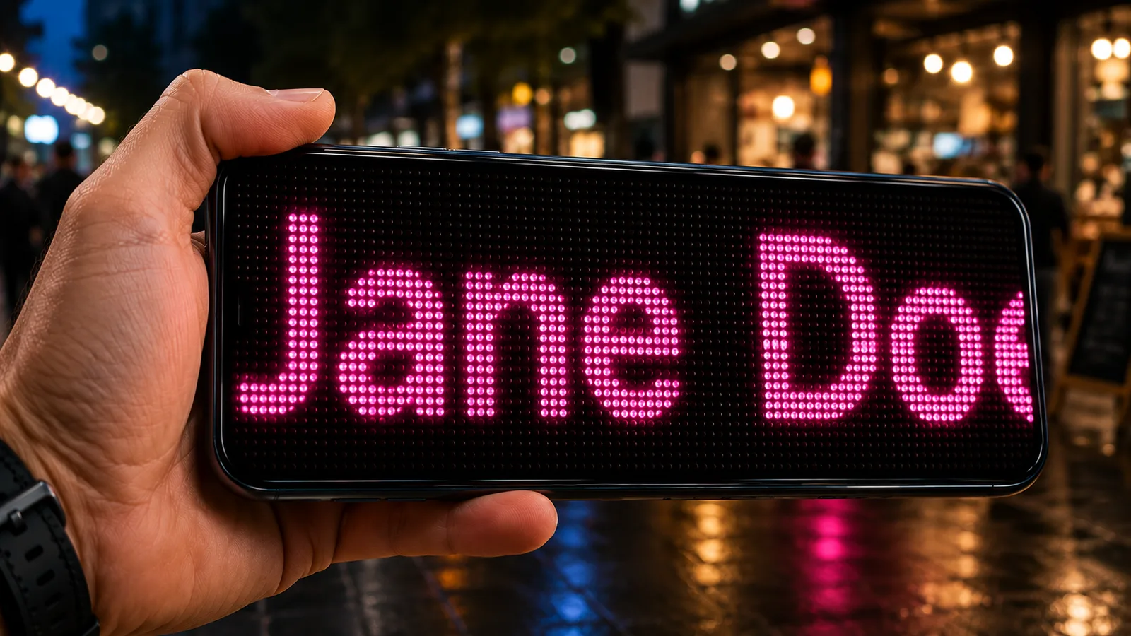 Phone showing a bright pickup sign with scrolling text in a public arrival area