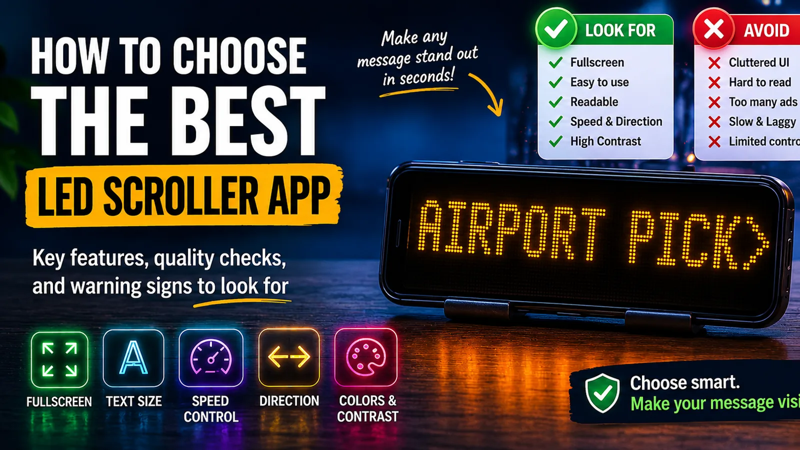 Smartphone showing a bright LED scroller message while app features are being evaluated